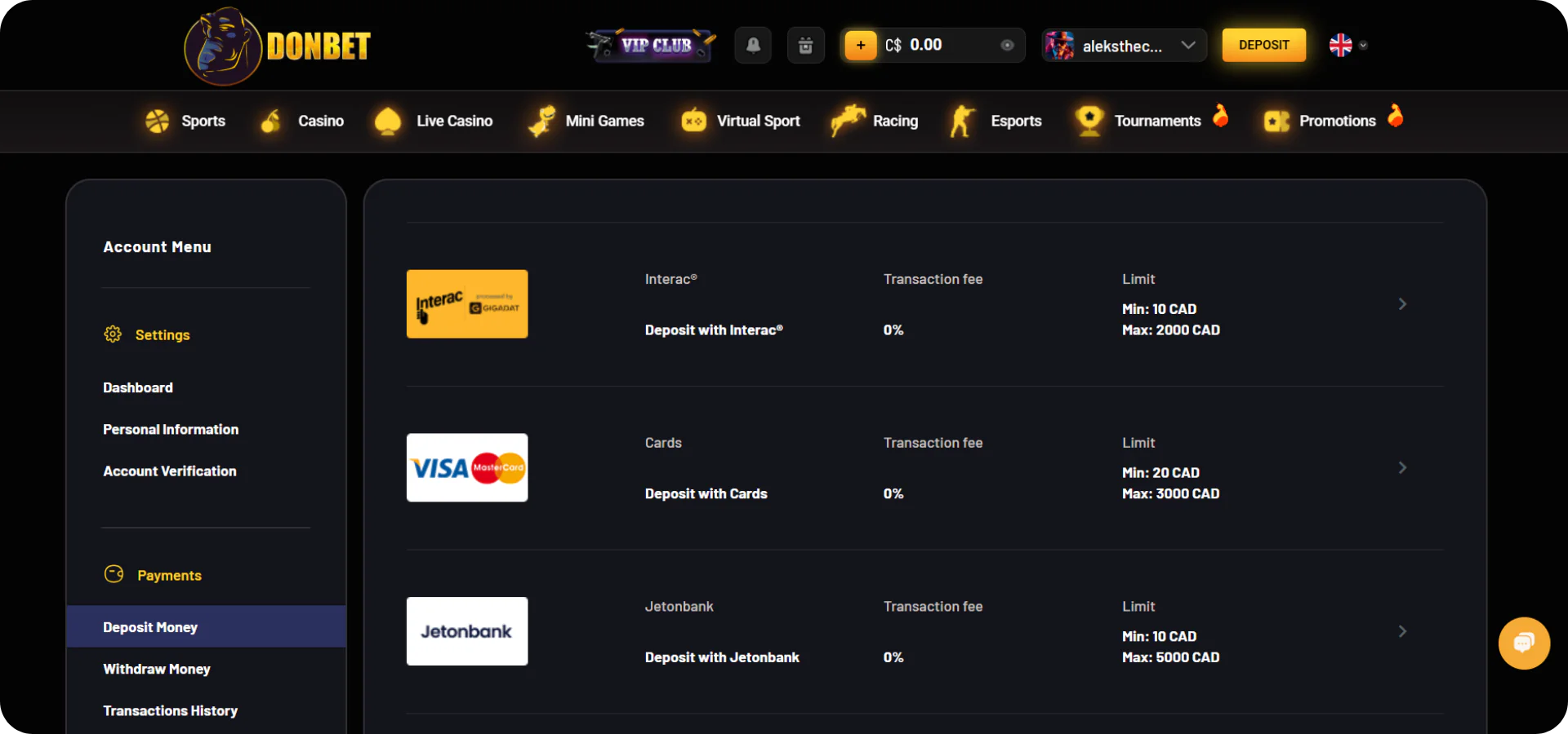 Deposit page showing payment method selection