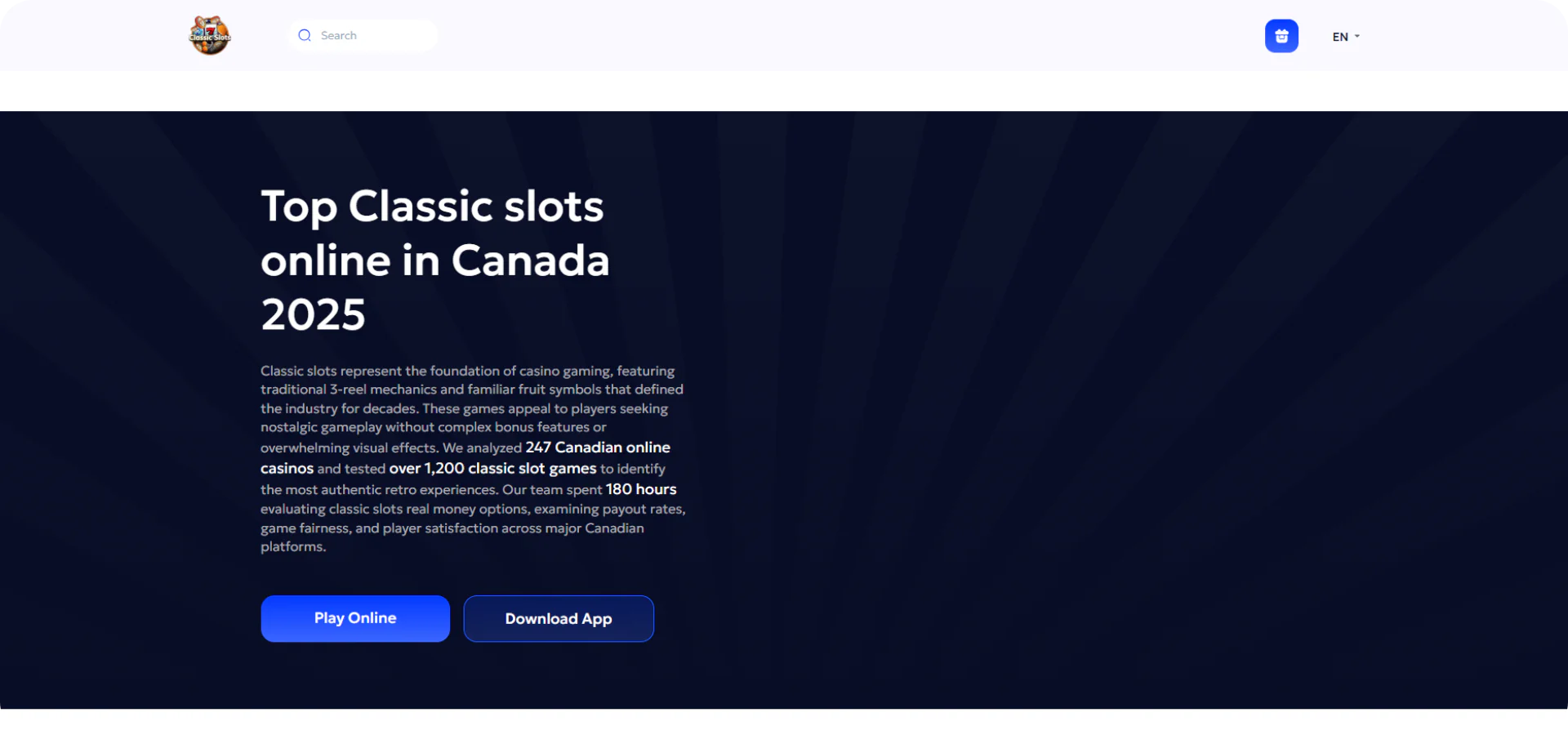 Casino selection page showing top rated options