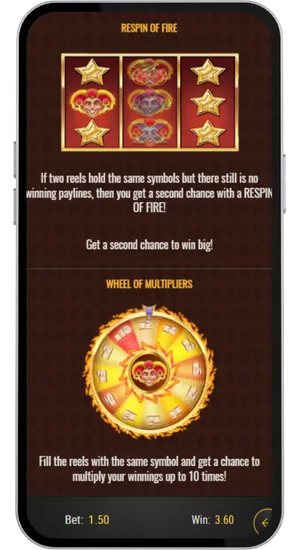 Bonus features explanation screen showing multiplier wheel details