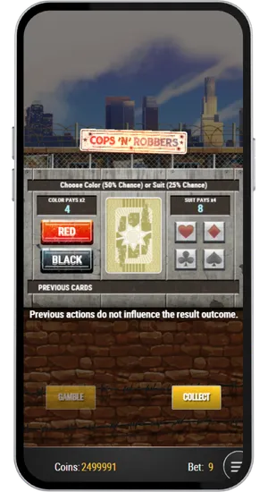 Gamble feature card game interface showing red or black choice option to double the current win amount