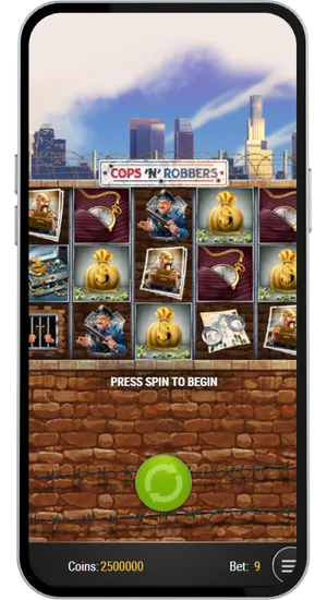 Cops and Robbers mobile slot interface displaying 5x3 grid with police-themed symbols ready for gameplay
