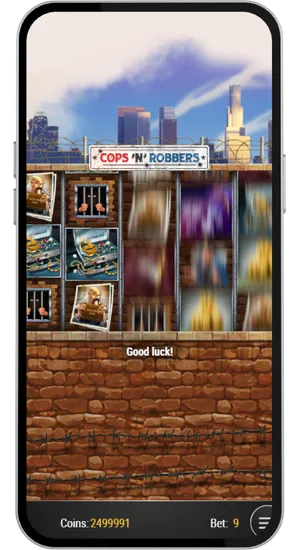 Dynamic reels spinning animation showing police badges, handcuffs and money bags in motion across paylines