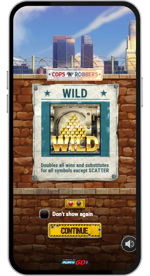 Cops and Robbers Wild symbol information popup showing vault icon with 2x multiplier details and substitution rules
