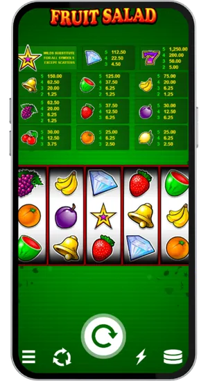 Main game interface of Fruit Salad slot with 3x3 grid showing colorful fruit symbols