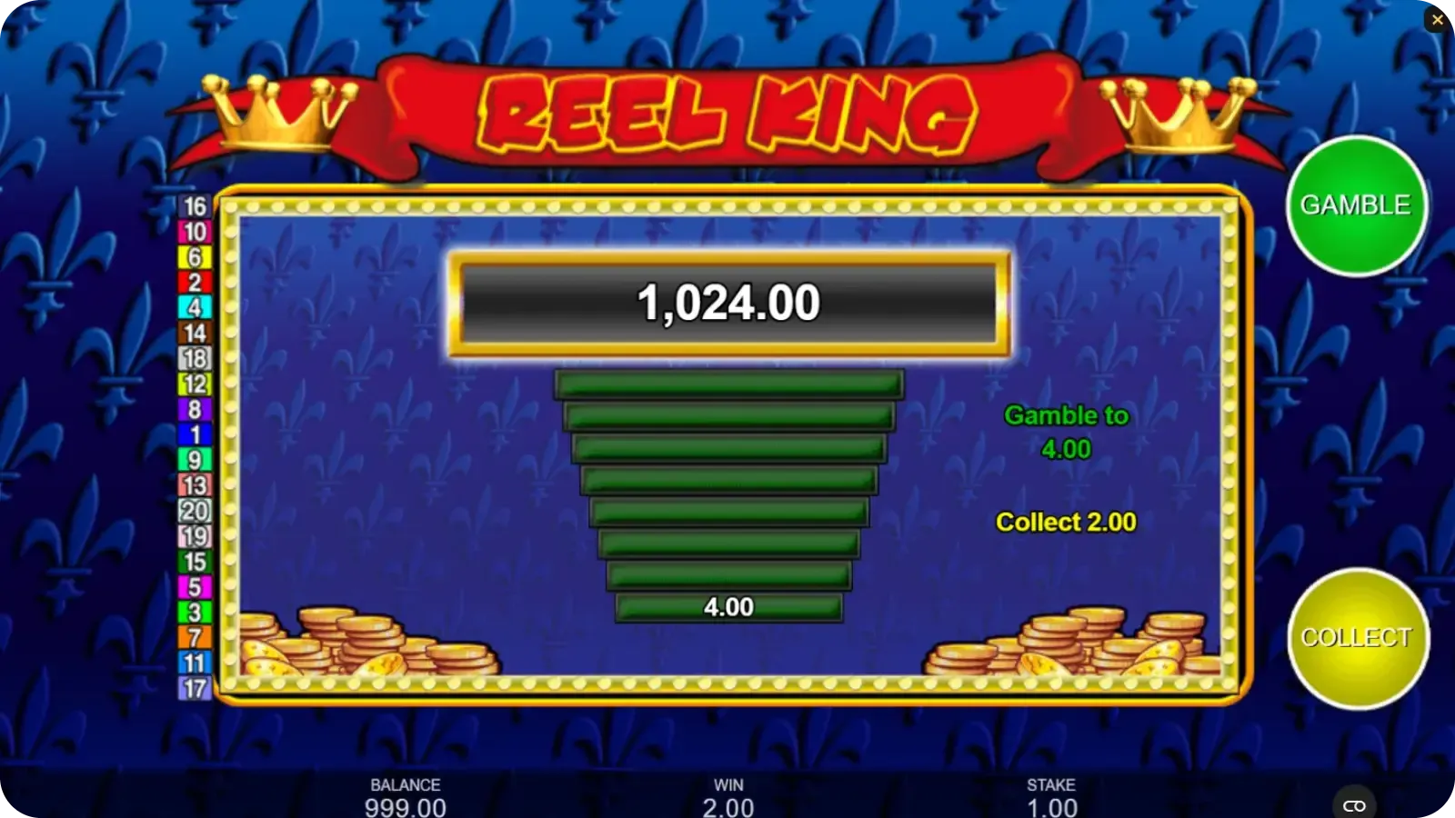 Gamble feature screen in Reel King slot